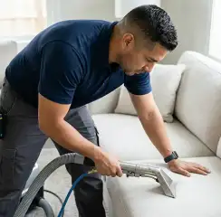 Professional upholstery cleaning technician using an extraction wand to deep-clean a fabric sofa, Green Bay, WI.