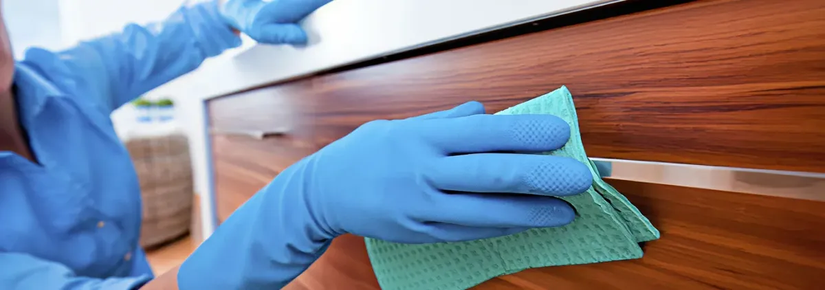 Cleaner wearing blue gloves wiping a wooden cabinet drawer with a microfiber cloth for dust and grime removal, Green Bay, WI.